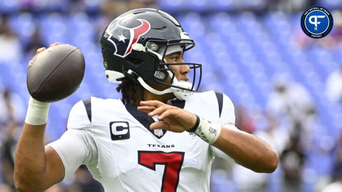 Houston Texans quarterback C.J. Stroud (7) warms up before the game against the Baltimore Ravens at M&T Bank Stadium.