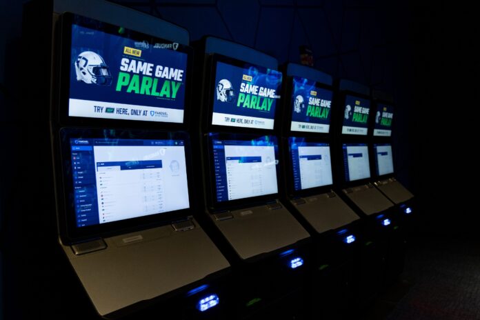A view of several betting kiosks at the FanDuel Sportsbook at Belterra Park.