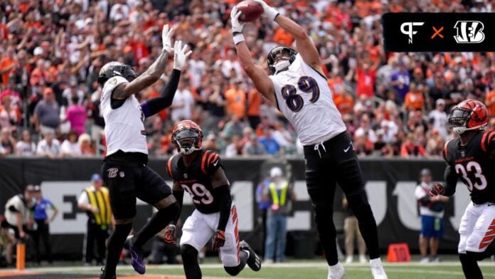 Baltimore Ravens TE Mark Andrews (89) catches a touchdown against the Cincinnati Bengals.