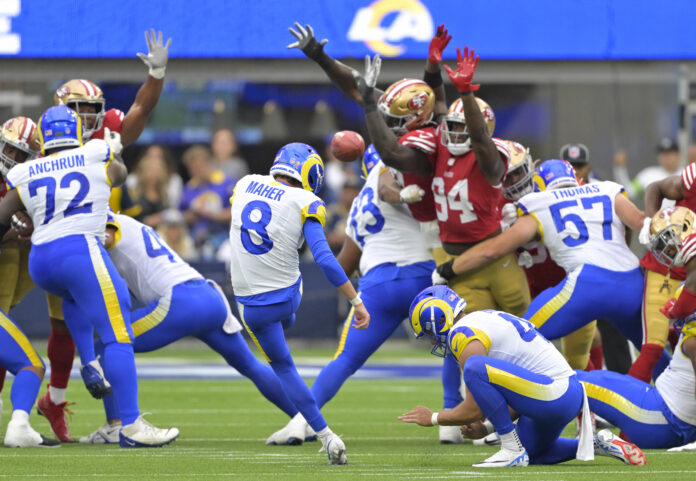 Los Angeles Rams place kicker Brett Maher (8) kicks a field goal in the first half against the San Francisco 49ers at SoFi Stadium.
