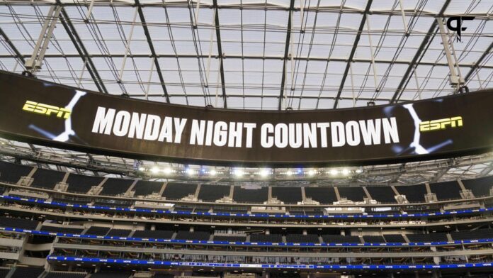 An ESPN Monday Night Football Countdown logo on the oculus scoreboard at SoFi Stadium.