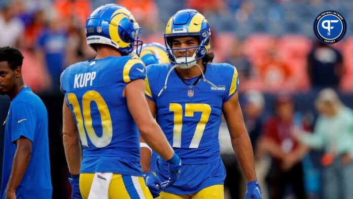 Los Angeles Rams wide receiver Puka Nacua (17) and wide receiver Cooper Kupp (10) before the game against the Denver Broncos at Empower Field at Mile High.