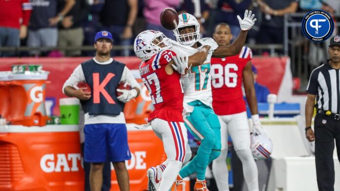 New England Patriots cornerback Myles Bryant (27) breaks up a pass to Miami Dolphins receiver Jaylen Waddle (17) during the first half at Gillette Stadium.