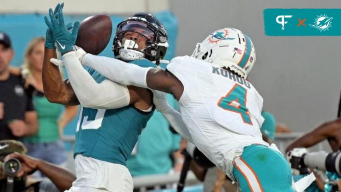 Miami Dolphins CB Kader Kohou breaks up pass to Jacksonville's Christian Kirk.