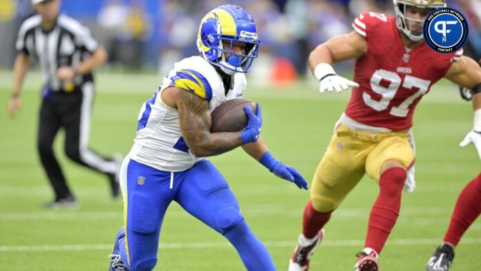 Los Angeles Rams running back Kyren Williams (23) runs the ball in the first half against the San Francisco 49ers at SoFi Stadium.