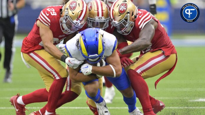 Puka Nacua (17) is stopped by the San Francisco 49ers defense in the second half at SoFi Stadium.
