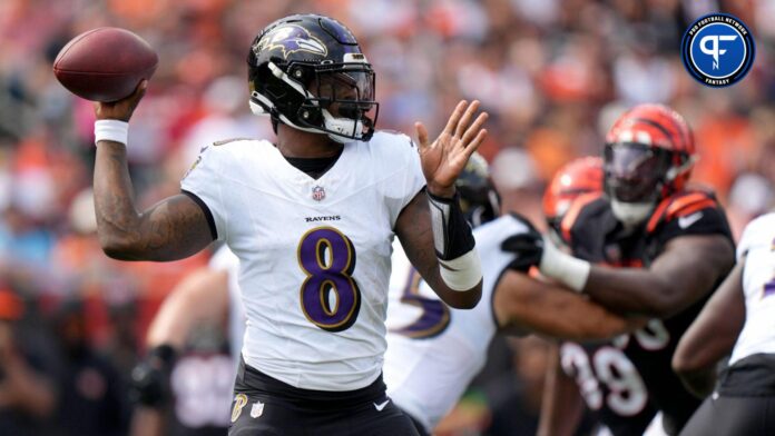 Baltimore Ravens quarterback Lamar Jackson (8) throws in the first quarter of a Week 2 NFL football game between the Baltimore Ravens and the Cincinnati Bengals Sunday, Sept. 17, 2023, at Paycor Stadium in Cincinnati.