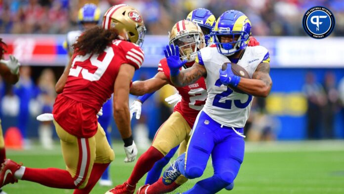 Los Angeles Rams running back Kyren Williams (23) runs the ball against the San Francisco 49ers during the second half at SoFi Stadium.
