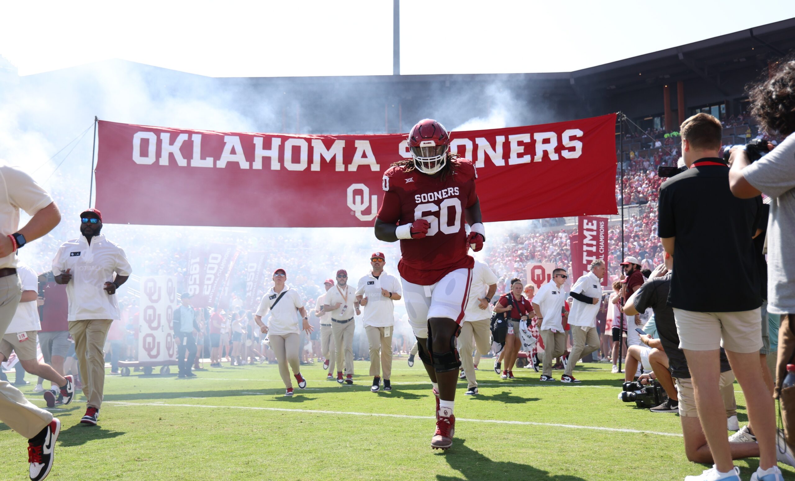 Tyler Guyton (60) before the game against the Arkansas State Red Wolves at Gaylord Family-Oklahoma Memorial Stadium.