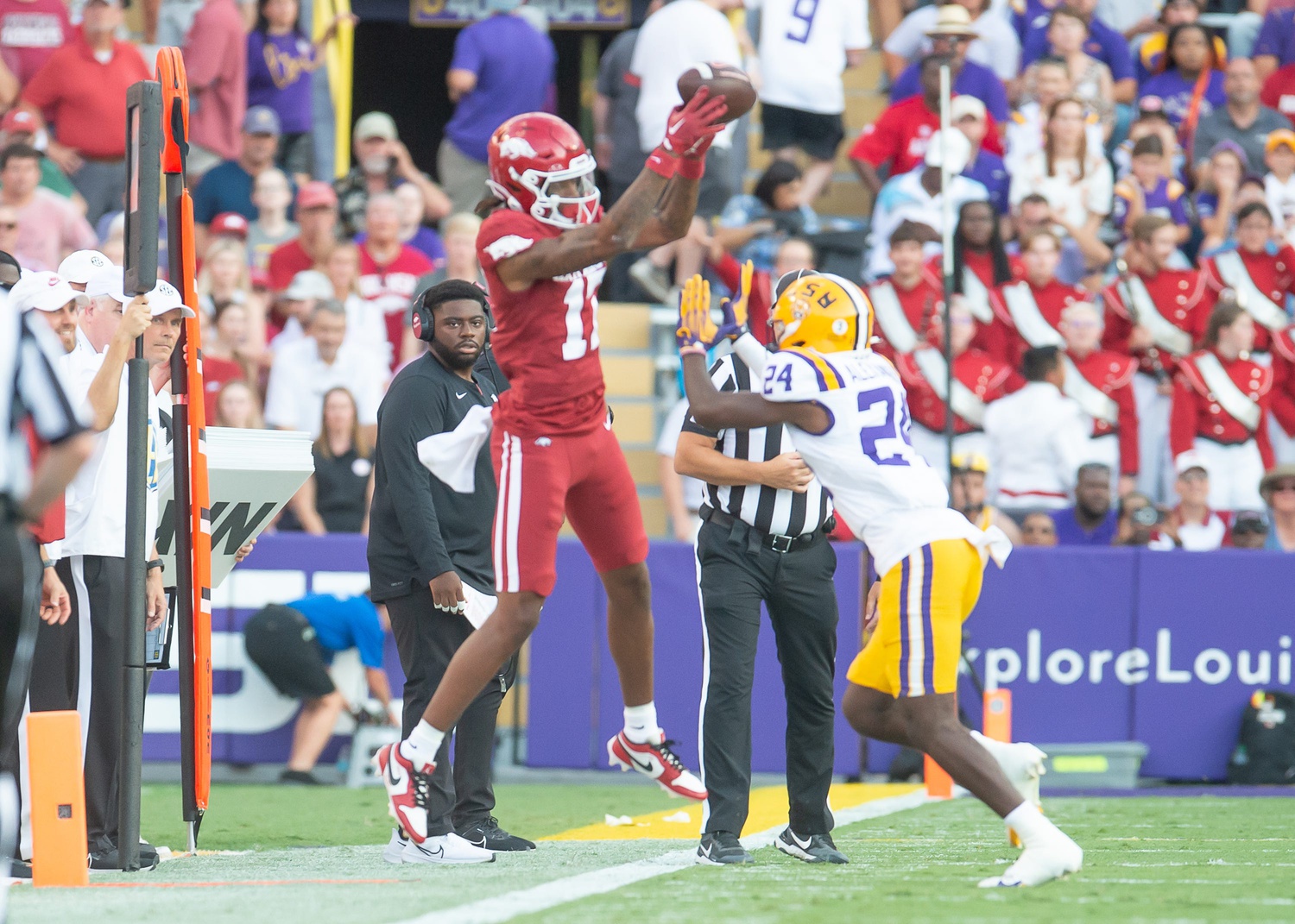 Tyrone Broden 17 makes a catch as the LSU Tigers take on the Arkansas Razorbacks at Tiger Stadium.