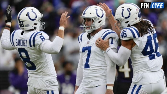 Indianapolis Colts punter Rigoberto Sanchez (8), Indianapolis Colts place kicker Matt Gay (7), and Indianapolis Colts long snapper Luke Rhodes (46) react after Gay kicks a game winning field goal in overtime to beat the Baltimore Ravens at M&T Bank Stadium.