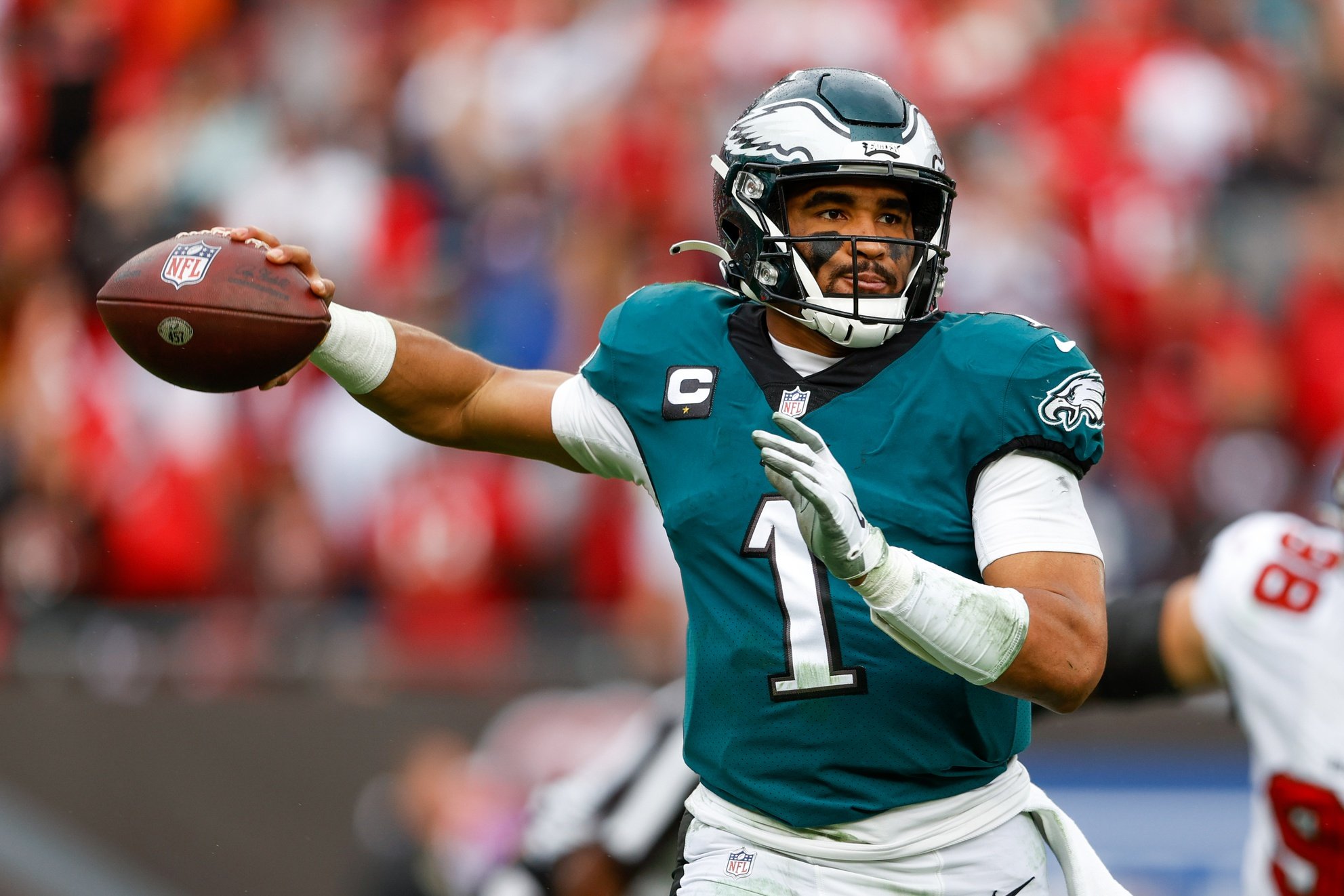 Philadelphia Eagles QB Jalen Hurts (1) winds back to pass against the Tampa Bay Buccaneers.