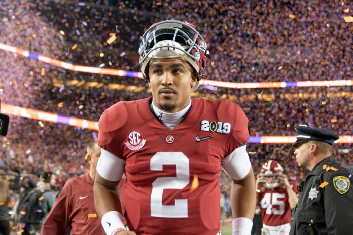 Jalen Hurts (2) after the 2019 College Football Playoff Championship game against the Clemson Tigers at Levi's Stadium.