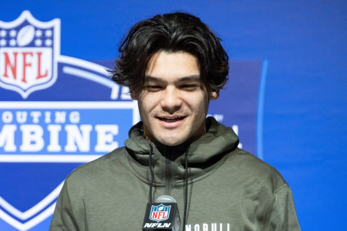 Brigham Young wide receiver Puka Nacua (WO36) speaks to the press at the NFL Combine at Lucas Oil Stadium.