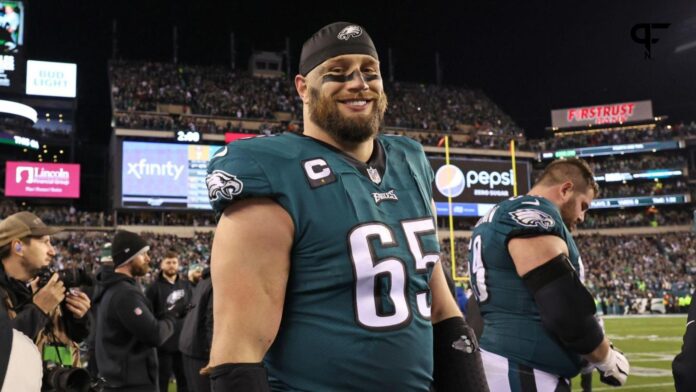 Philadelphia Eagles offensive tackle Lane Johnson (65) on the field after win against the San Francisco 49ers in the NFC Championship game at Lincoln Financial Field.