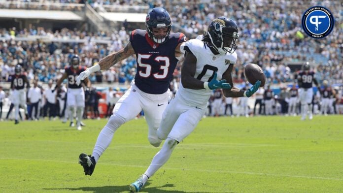 Jacksonville Jaguars WR Calvin Ridley (0) fails to haul in a reception against the Houston Texans.
