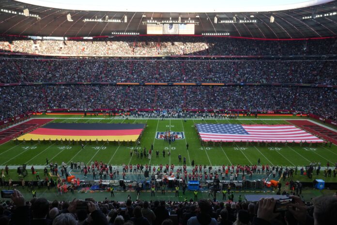 A general overall view of the German and United States flags on the field during the playing of the national anthem before an NFL International Series game between the Tampa Bay Buccaneers and the Seattle Seahawks at Allianz Arena.