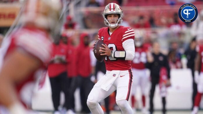 San Francisco 49ers QB Brock Purdy steps back to pass against the New York Giants.