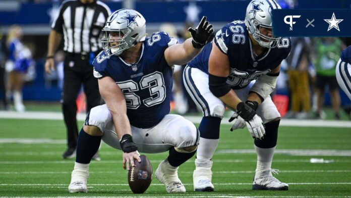 Tyler Biadasz (63) and guard Connor McGovern (66) in action during the game between the Dallas Cowboys and the Chicago Bears at AT&T Stadium.
