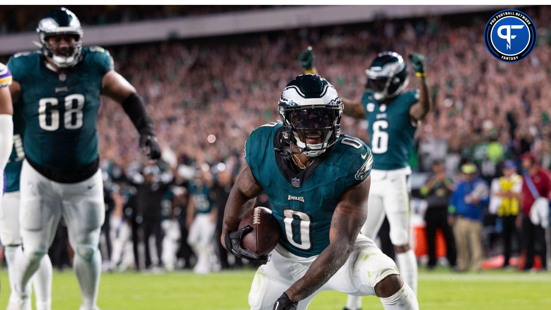 Philadelphia Eagles running back Kenneth Gainwell (14) celebrates