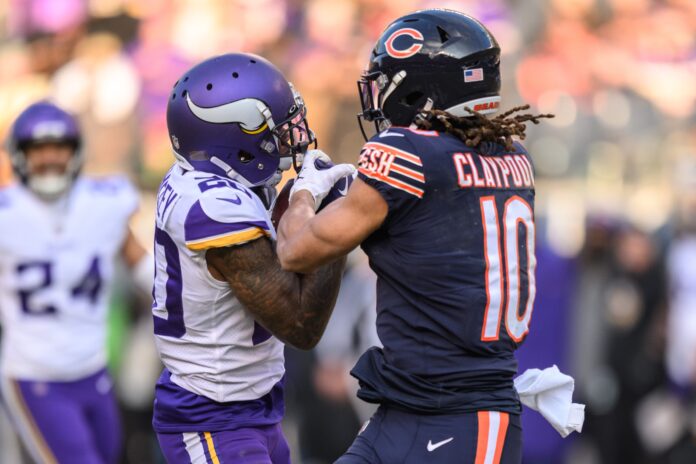Minnesota Vikings cornerback Duke Shelley (20) intercepts a pass intended for Chicago Bears wide receiver Chase Claypool (10).