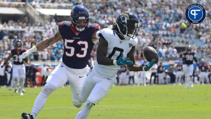 Jacksonville Jaguars WR Calvin Ridley (0) can't haul in a reception against the Houston Texans.