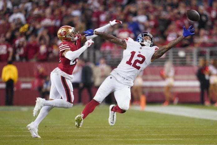 Darren Waller (12) is unable to make a catch next to San Francisco 49ers cornerback Isaiah Oliver (26) in the third quarter at Levi's Stadium.