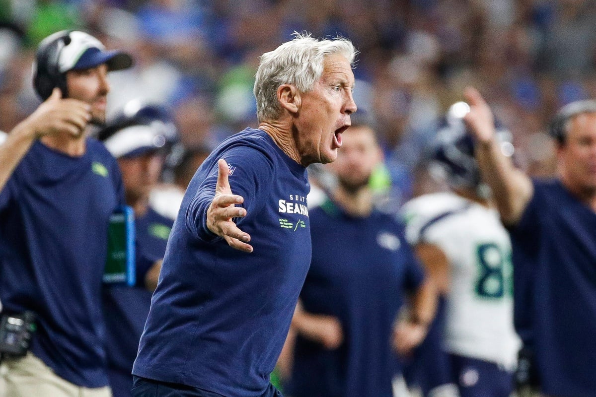 Head coach Pete Carroll of the Seattle Seahawks reacts after a