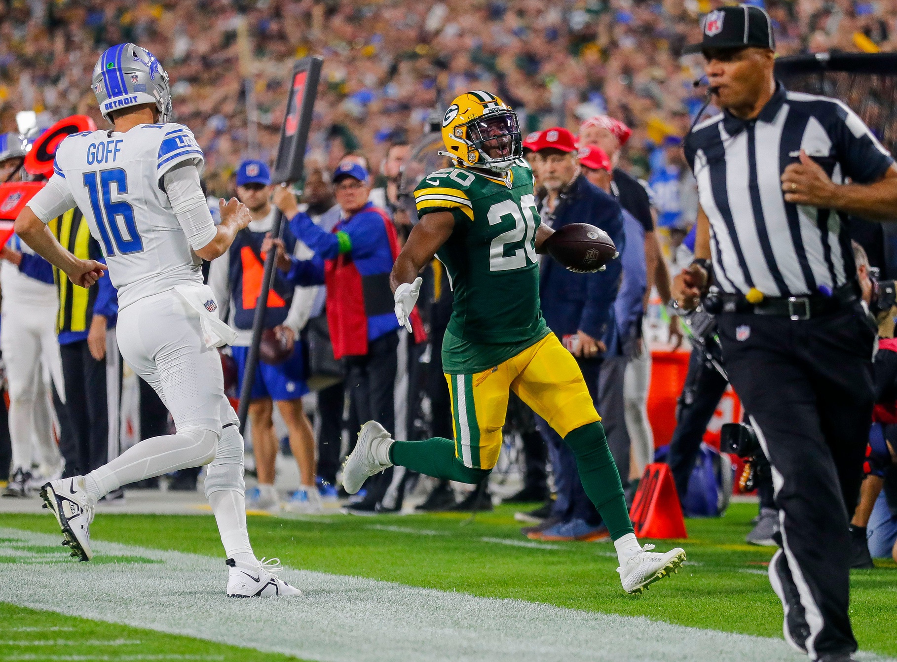Rudy Ford (20) celebrates after intercepting a pass thrown by Detroit Lions quarterback Jared Goff (16).