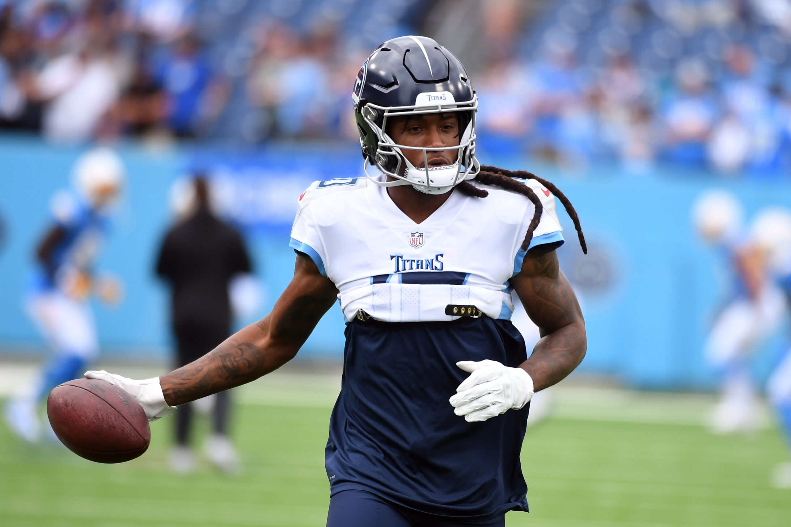 Sep 17, 2023; Nashville, Tennessee, USA; Tennessee Titans wide receiver DeAndre Hopkins (10) warms up before the game against the Los Angeles Chargers at Nissan Stadium. 