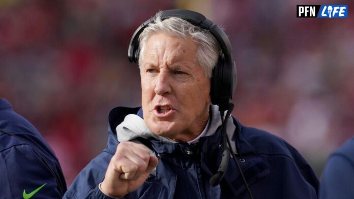 Seattle Seahawks head coach Pete Carroll gestures on the sidelines in the second quarter of a wild card game against the San Francisco 49ers at Levi's Stadium.