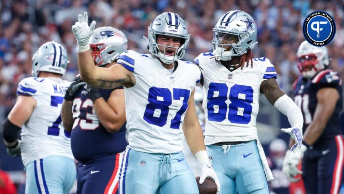 Dallas Cowboys tight end Jake Ferguson (87) reacts after a catch during the first half against the New England Patriots at AT&T Stadium.