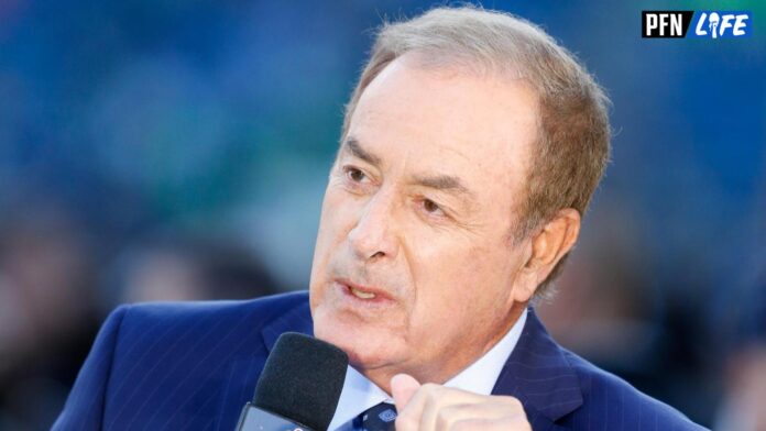 NBC Sunday Night Football announcer Al Michaels speaks on the set during pregame warmups by the Indianapolis Colts and Seattle Seahawks at CenturyLink Field.