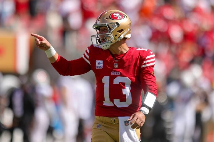 San Francisco 49ers quarterback Brock Purdy (13) celebrates after