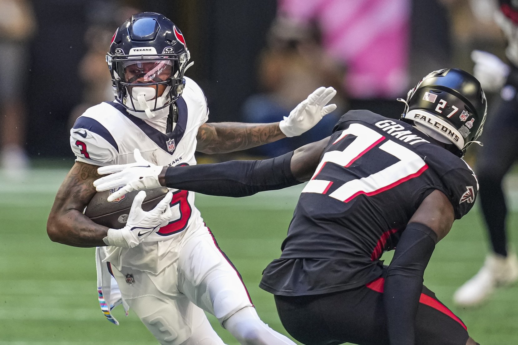 Houston Texans WR Tank Dell (3) runs with the ball against the Atlanta Falcons.