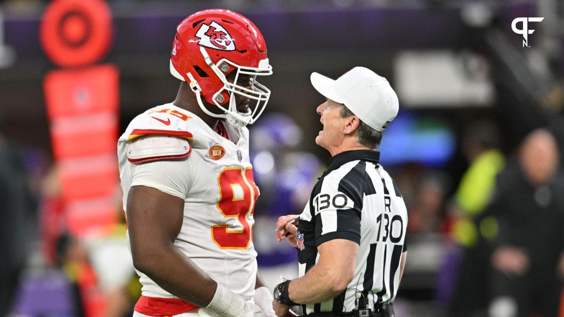 Chris Jones (95) talks with an official during the fourth quarter against the Minnesota Vikings at U.S. Bank Stadium.