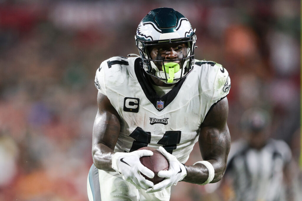 Philadelphia Eagles' A.J. Brown runs during the first half of an