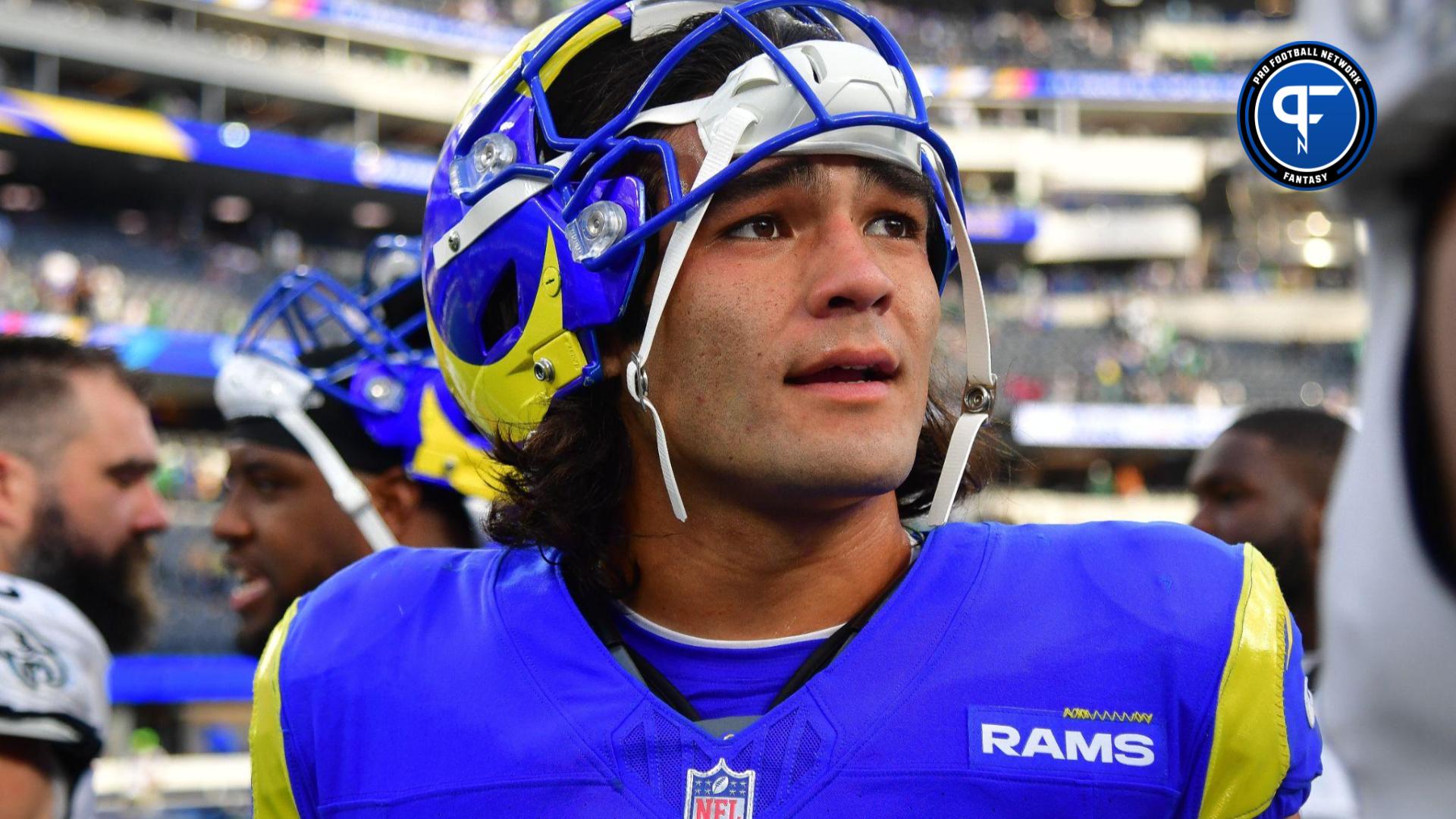 Los Angeles Rams wide receiver Puka Nacua (17) reacts following the game against the Philadelphia Eagles at SoFi Stadium.