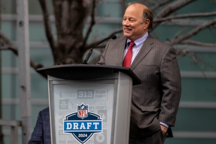 The 2024 NFL Draft logo is seen at Campus Martius Park in Detroit on April 14, 2022.