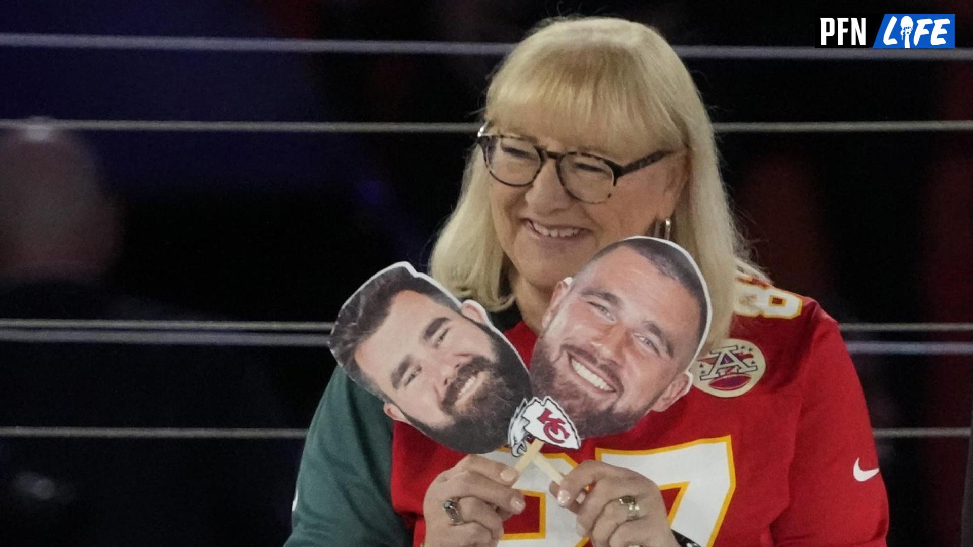 Donna Kelce answers questions about her sons Philadelphia Eagles center Jason Kelce (62) , left, and Kansas City Chiefs tight end Travis Kelce (87) during Super Bowl Opening Night at Footprint Center.