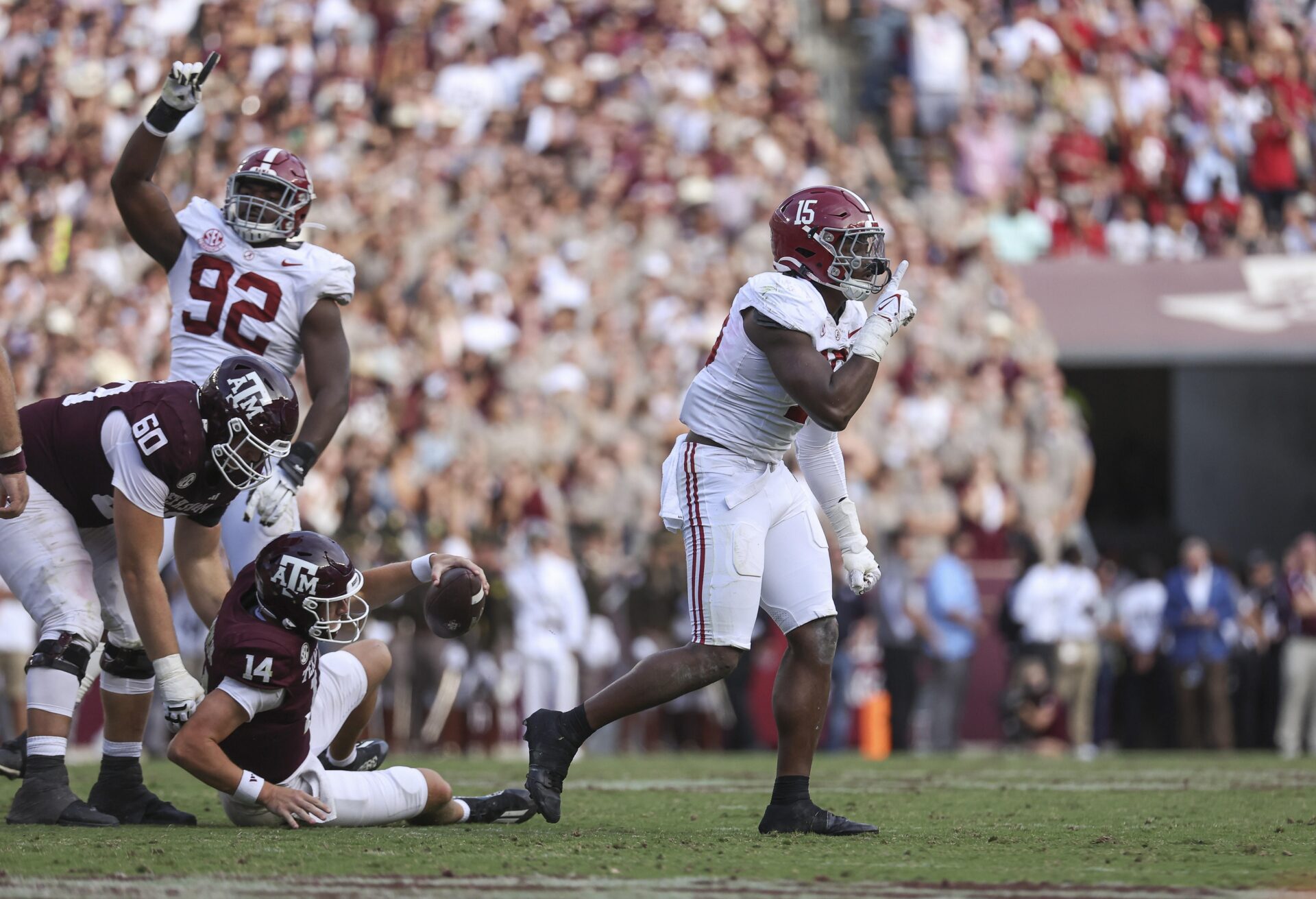 Dallas Turner (15) reacts after a play during the fourth quarter against the Texas A&M Aggies at Kyle Field.