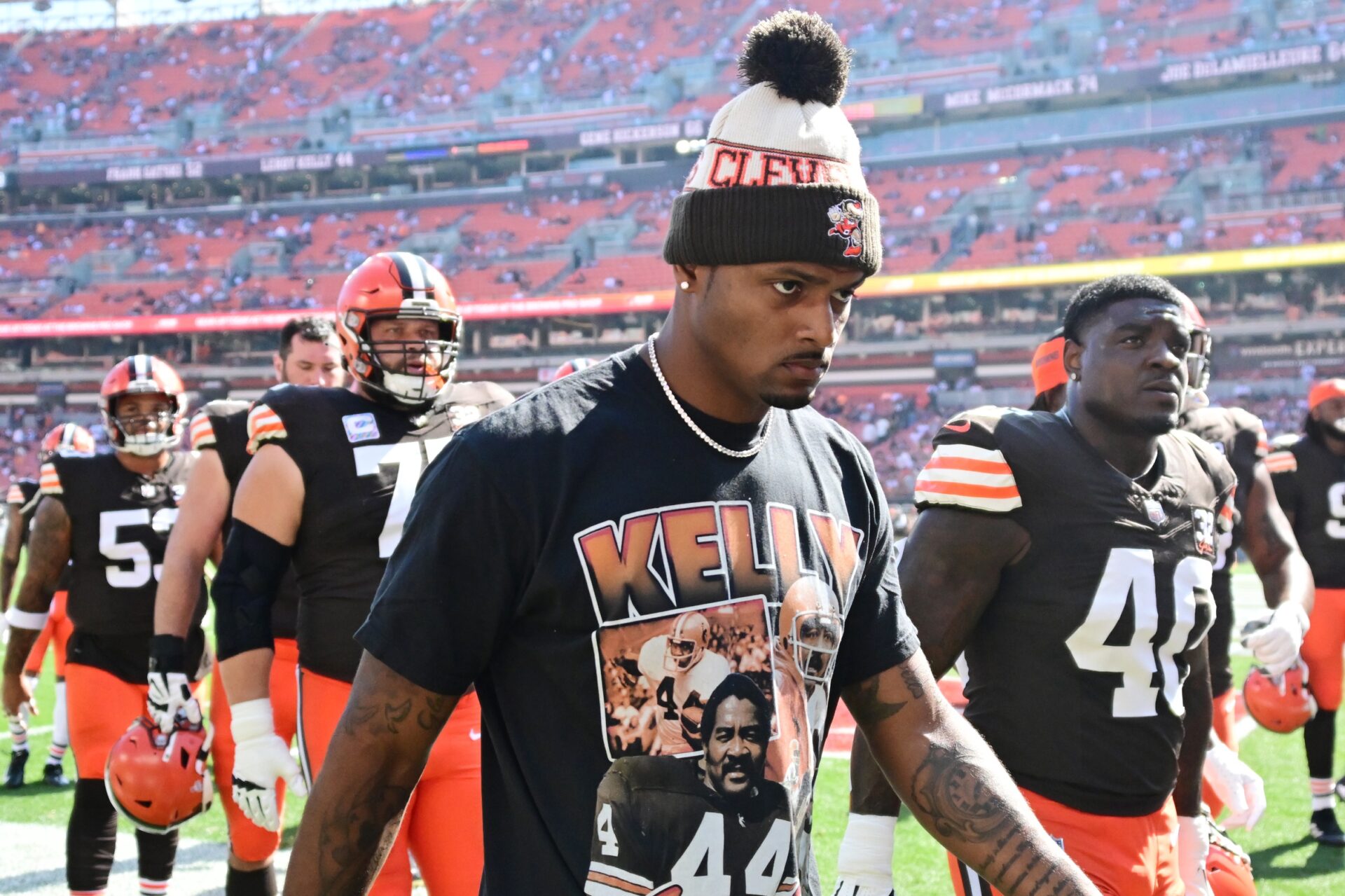 Cleveland Browns quarterback Deshaun Watson (4) walks off the field after warm ups before the game between the Browns and the Baltimore Ravens at Cleveland Browns Stadium.