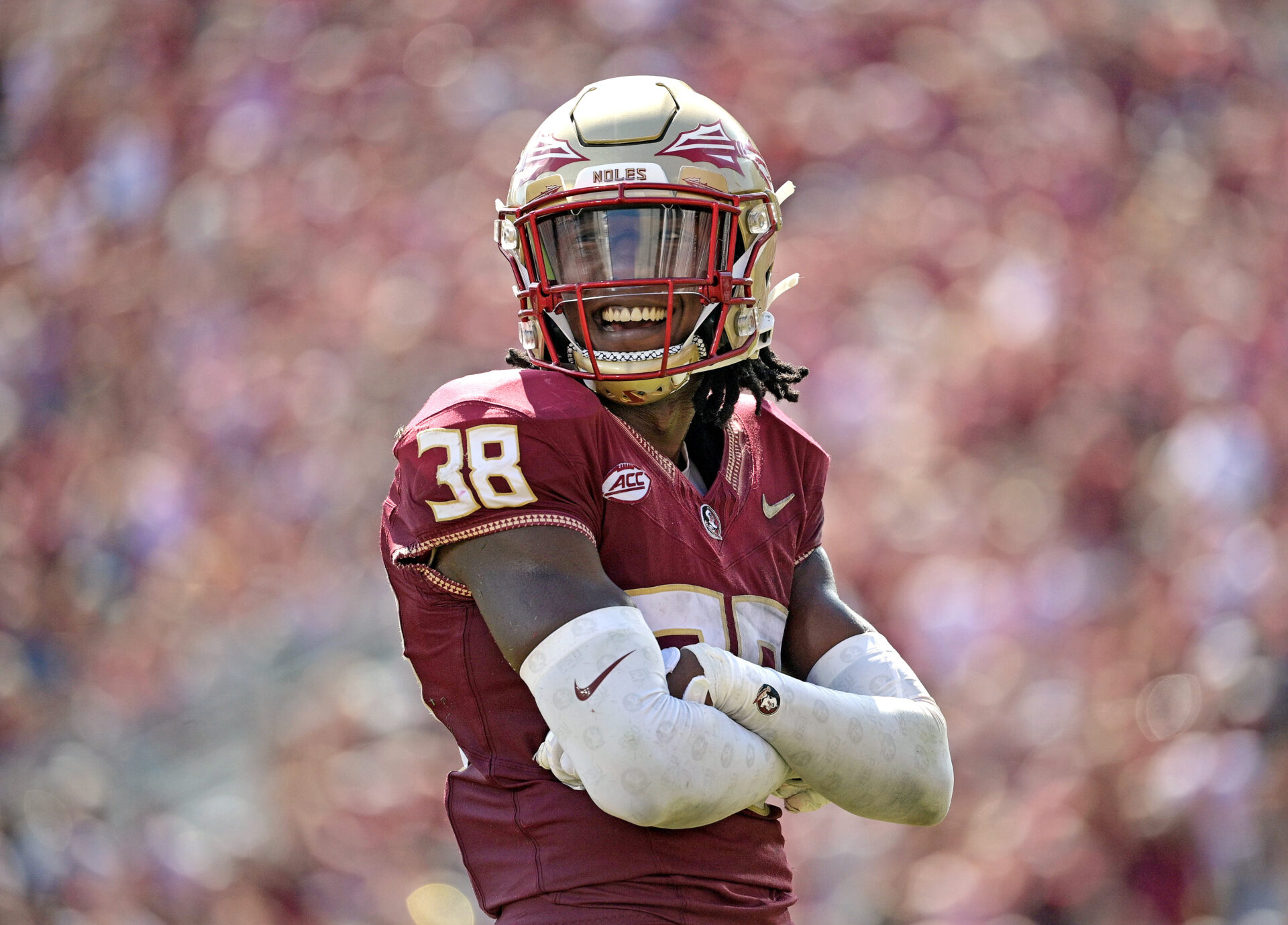 Florida State Seminoles defensive back Shyheim Brown (38) smiles after a defensive stop against the Syracuse Orange during the first half at Doak S. Campbell Stadium.