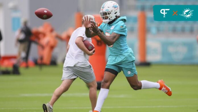 Miami Dolphins cornerback Jalen Ramsey (5) works out during training camp at Baptist Health Training Facility.