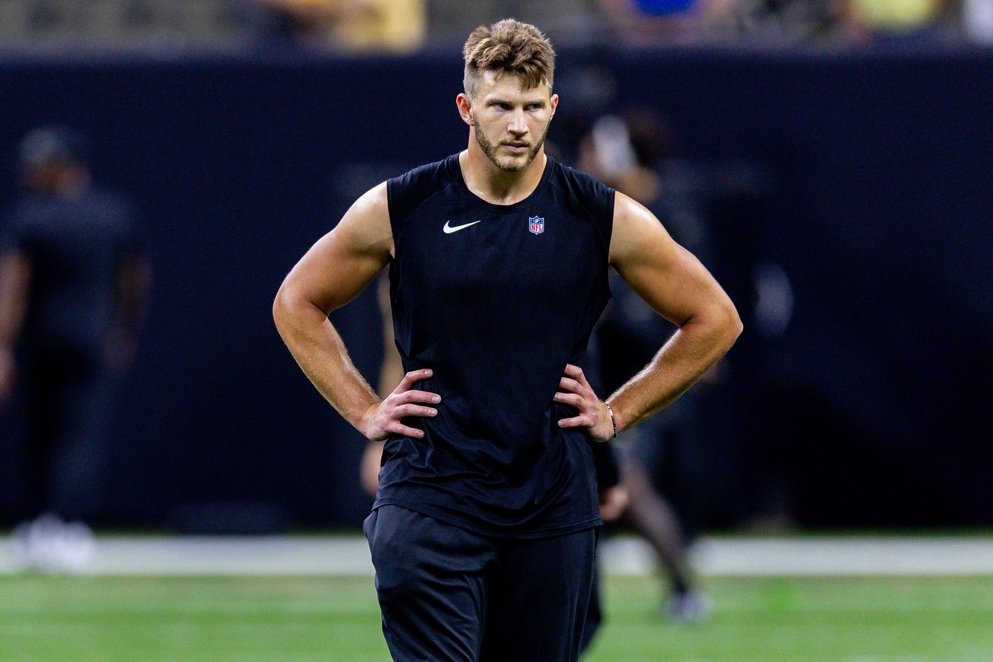 New Orleans Saints tight end Foster Moreau (82) looks on during pregame against the Houston Texans at the Caesars Superdome.