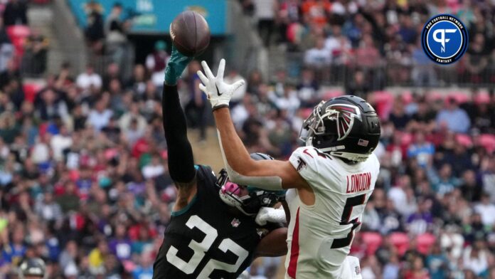 Jacksonville Jaguars cornerback Tyson Campbell (32) defends against Atlanta Falcons wide receiver Drake London (5) in the first half during an NFL International Series game at Wembley Stadium.