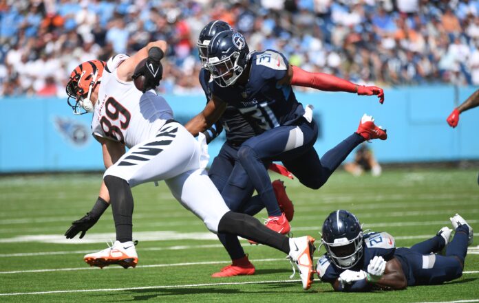 Tennessee Titans safety Kevin Byard (31) makes a tackle against the Cincinnati Bengals.
