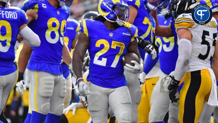 Los Angeles Rams running back Darrell Henderson Jr. (27) celebrates his touchdown scored against the Pittsburgh Steelers during the second half at SoFi Stadium.