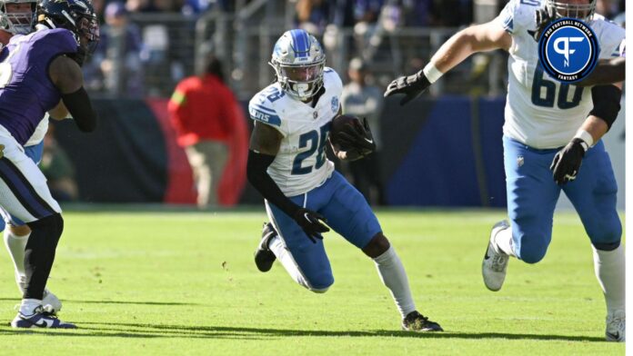 Detroit Lions running back Jahmyr Gibbs (26) rushes dung the second half against the Detroit Lions at M&T Bank Stadium.
