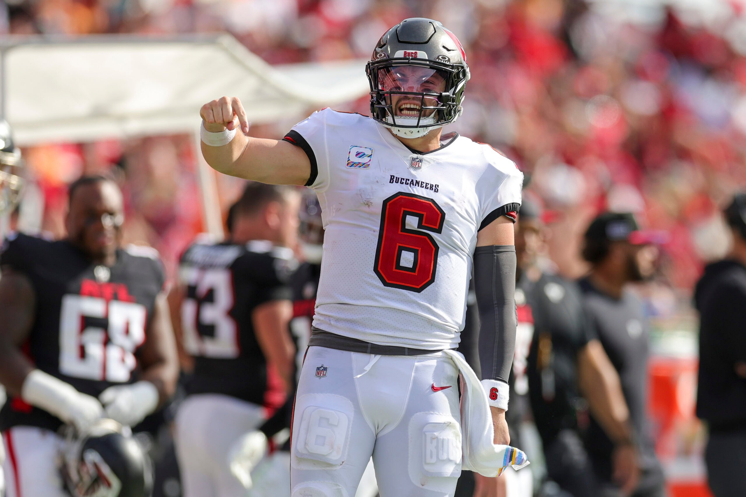 Tampa Bay Buccaneers quarterback Baker Mayfield (6) reacts after a run against the Atlanta Falcon in the fourth quarter at Raymond James Stadium.